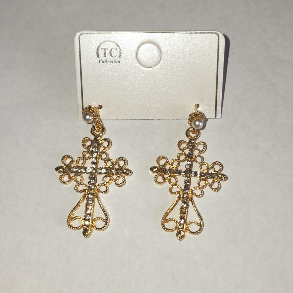 3 for $18 Gold Rhinestone Cross Pierced Earrings New